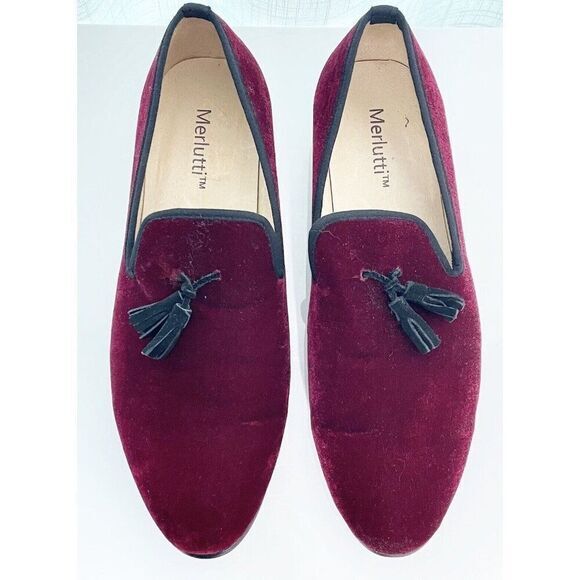 Merlutti Burgundy Black Velvet Tassel Prom Wedding Loafers Shoes Size 14 - Picture 2 of 5